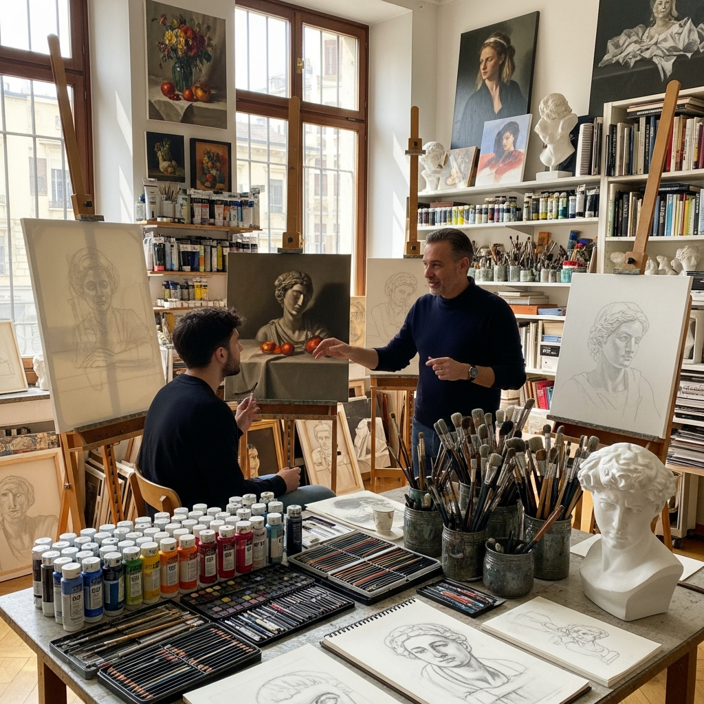 Artista che dipinge su tela in un luminoso atelier con colori e pennelli