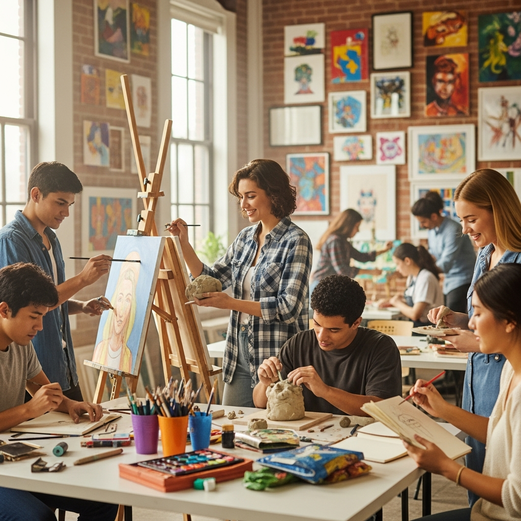 Studenti di arte che dipingono insieme in un atelier luminoso