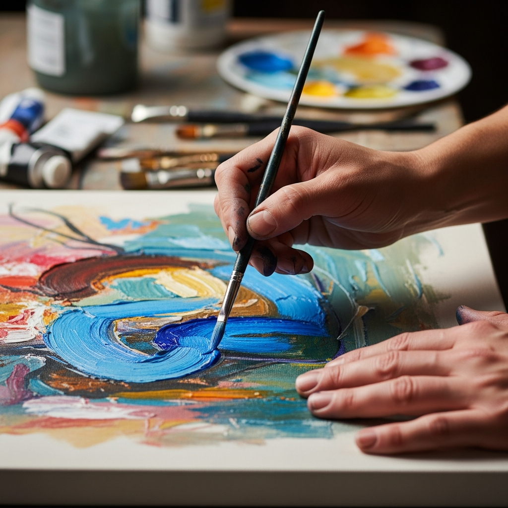 Dettaglio di pennelli artistici e tavolozza con colori vivaci